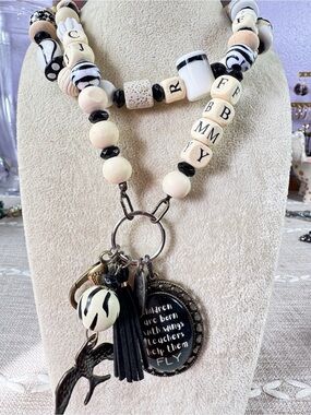 For Teachers Black Suede Tassel Lanyard with Metal Charms & Wood Beads